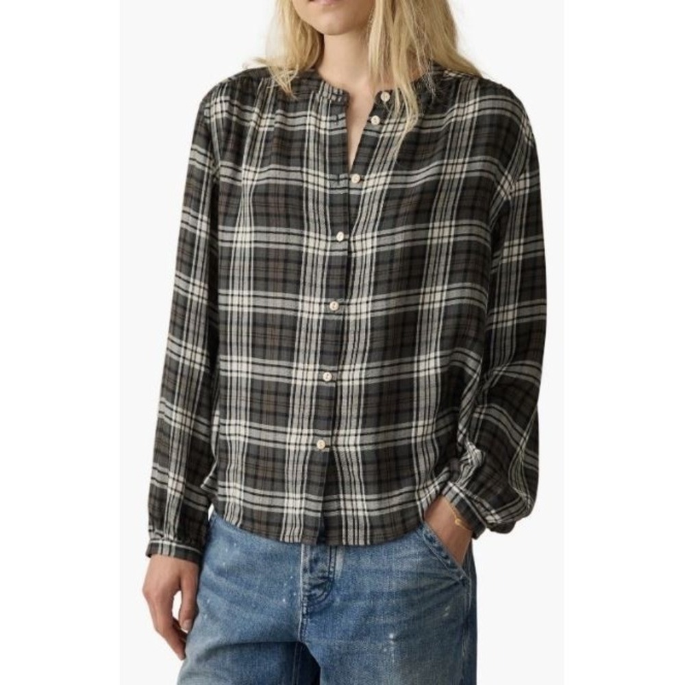 FAHERTY Women's Small Drift Plaid Button Up Shirt Black Grey Modal Linen Blend